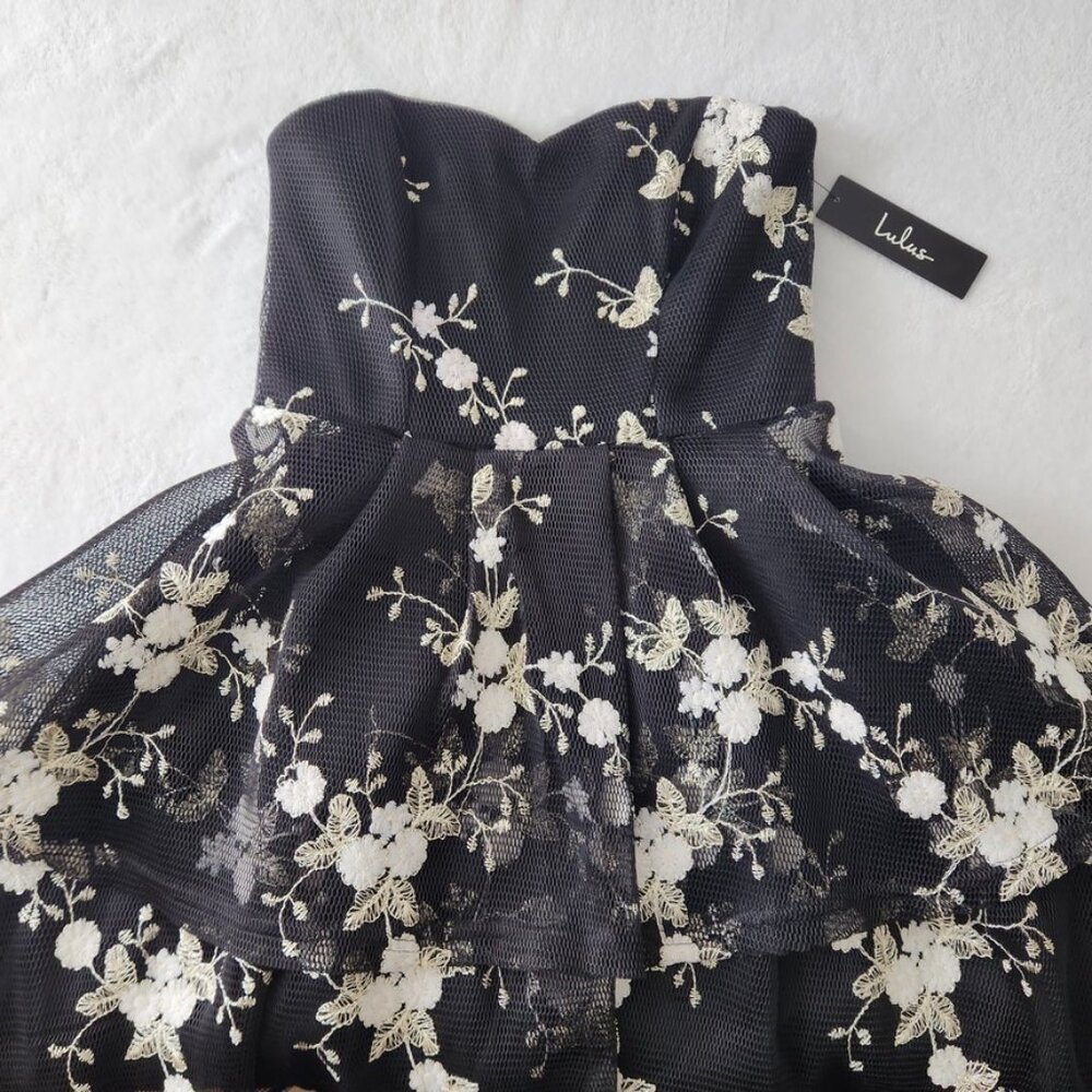 Lulus How Sweet Black Embroidered Strapless Mesh Tiered Mini Dress Small NWT - Picture 15 of 16